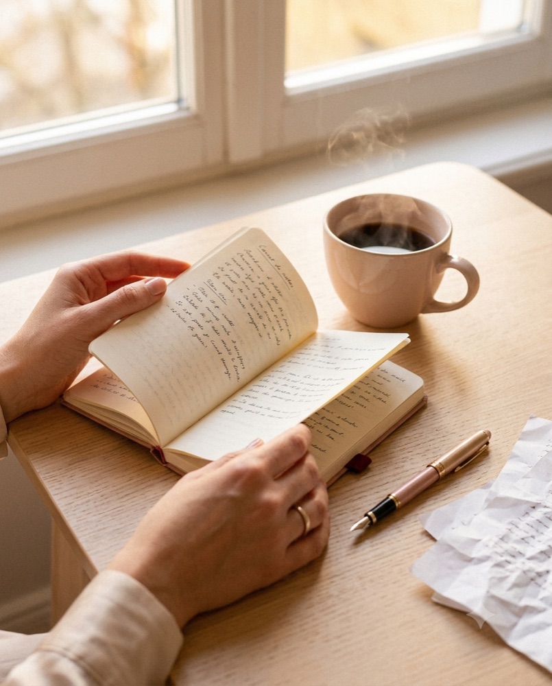 Un carnet de notes manuscrit et une tasse de café près d’une fenêtre