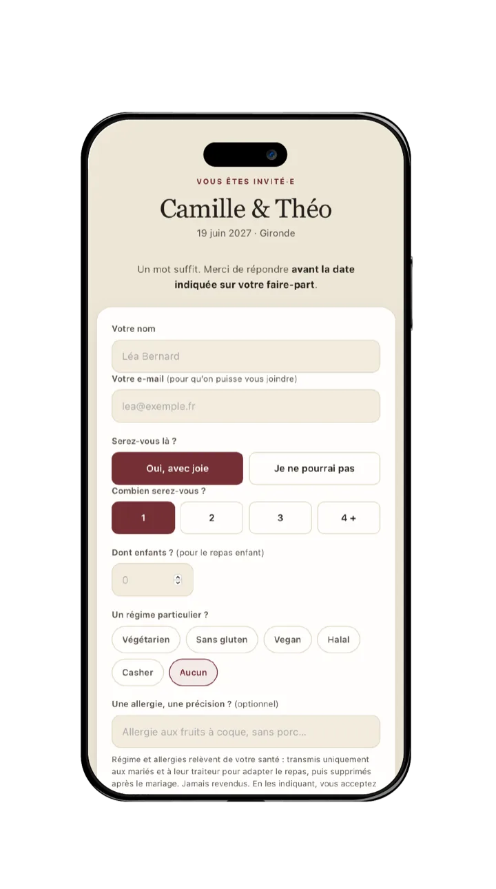 La page de réponse RSVP côté invités, sur un mariage d’exemple